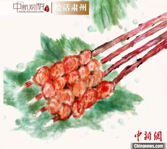 圖為酒泉美食“紅柳烤肉”繪畫作品?！《排d彥 攝