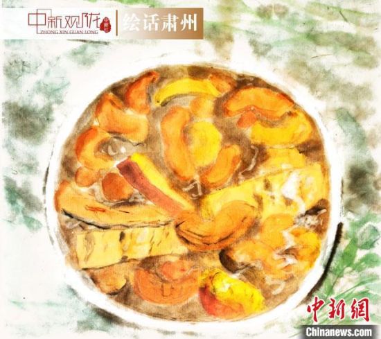 圖為酒泉美食“糊鍋”繪畫作品?！《排d彥 攝